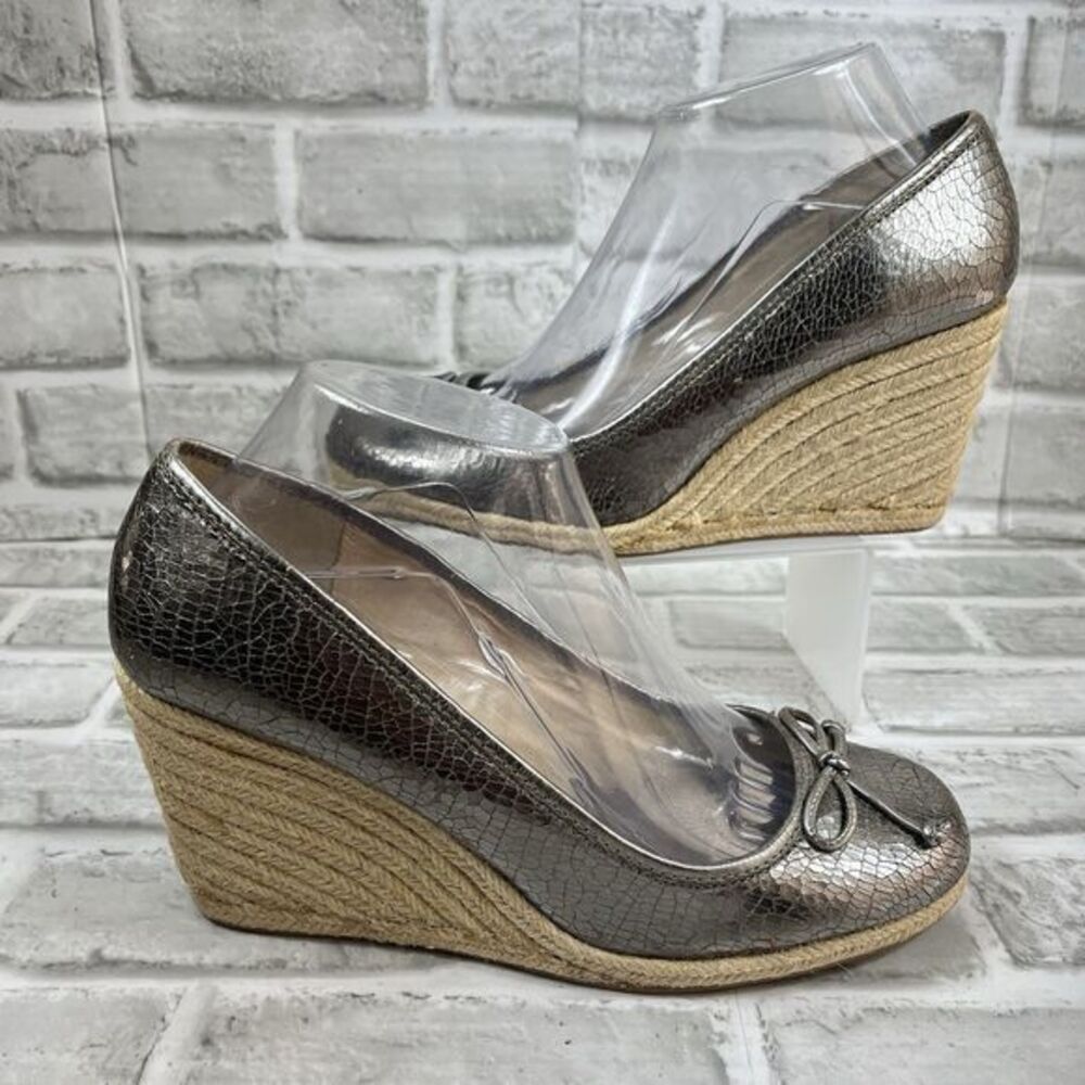 Coach Crackle Silver Women's Size 9.5/10 Metal Leather Wedge Espadrille Bow Shoe